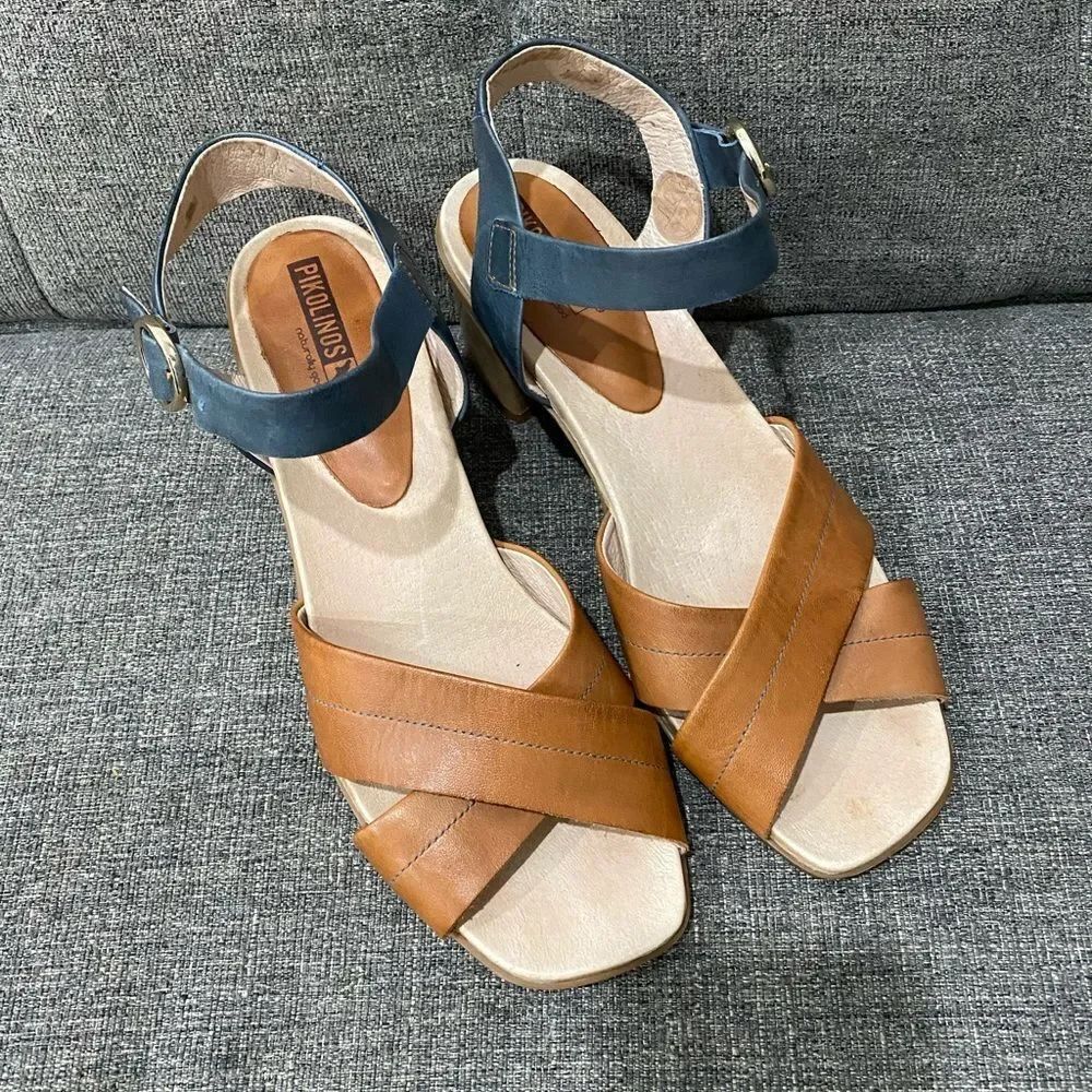PIKOLINOS Brown Blue LeatherโHeels Sandals Women Size 41